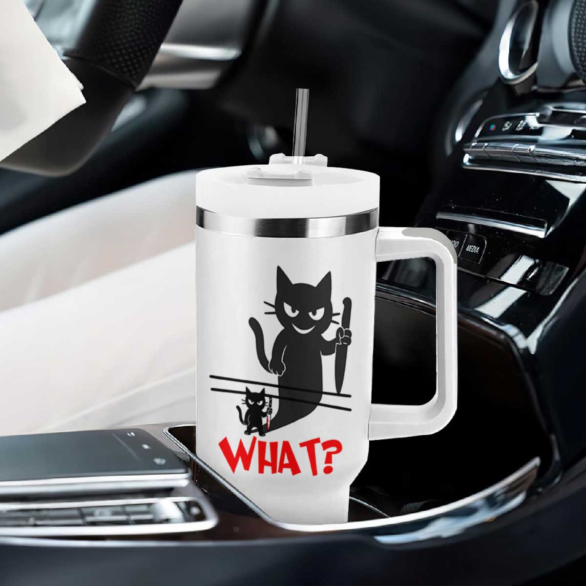 Murder Cat What Tumbler With Handle Funny Black Kitty Holding Knife Meme TS14 Print Your Wear