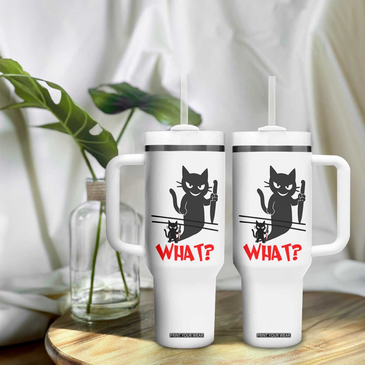 Murder Cat What Tumbler With Handle Funny Black Kitty Holding Knife Meme TS14 Print Your Wear