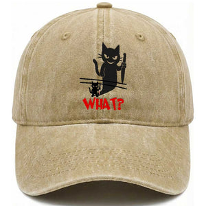Murder Cat What Washed Cotton Baseball Cap Funny Black Kitty Holding Knife Meme TS14 Washed Cap Universal Fit Khaki Print Your Wear