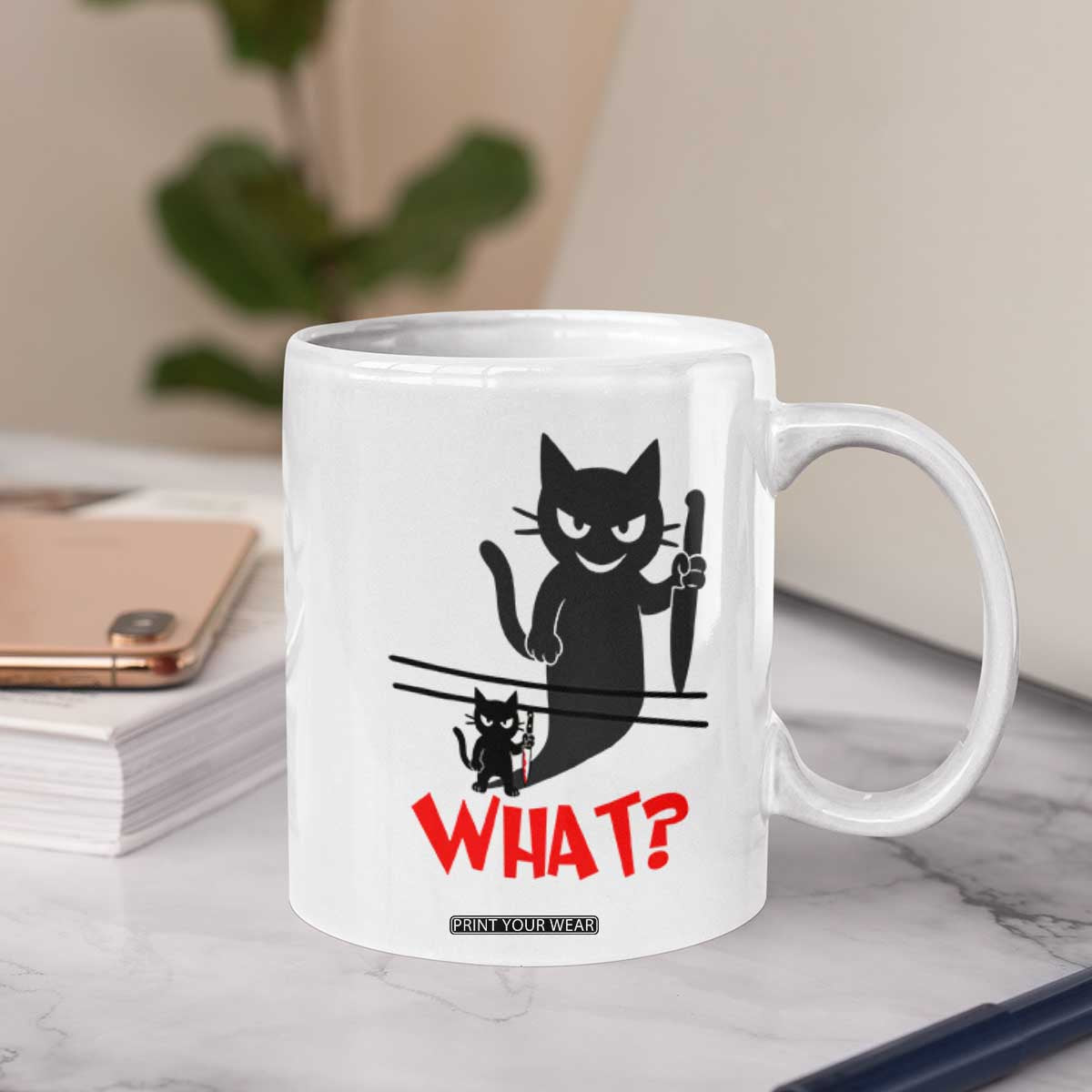 Murder Cat What Coffee Mug Funny Black Kitty Holding Knife Meme TS14 Print Your Wear