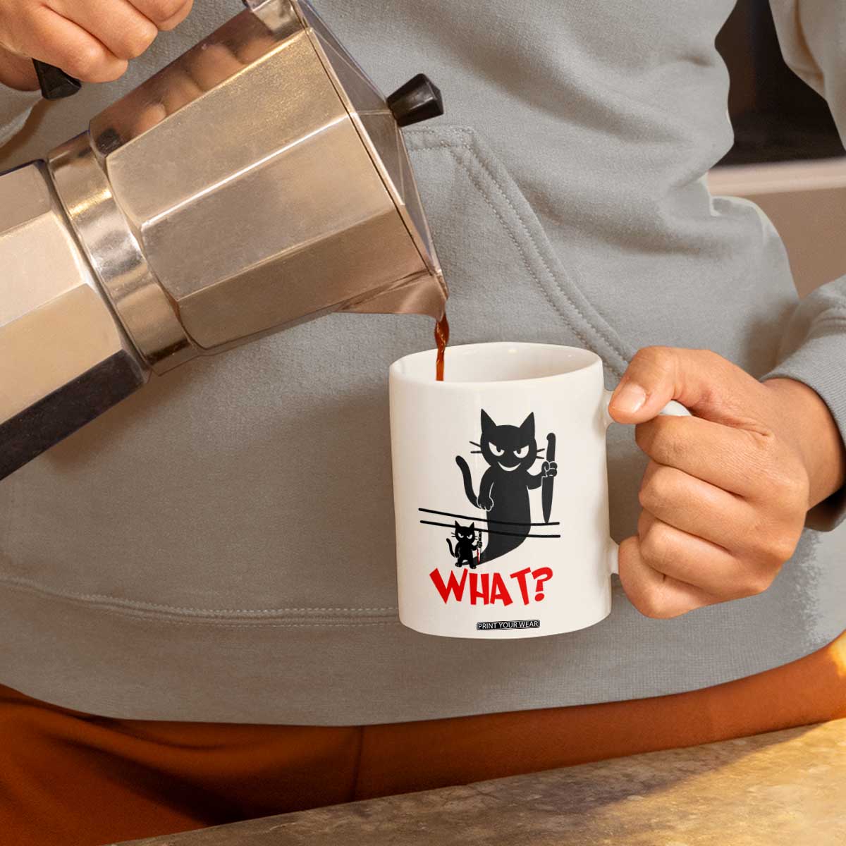Murder Cat What Coffee Mug Funny Black Kitty Holding Knife Meme TS14 Print Your Wear