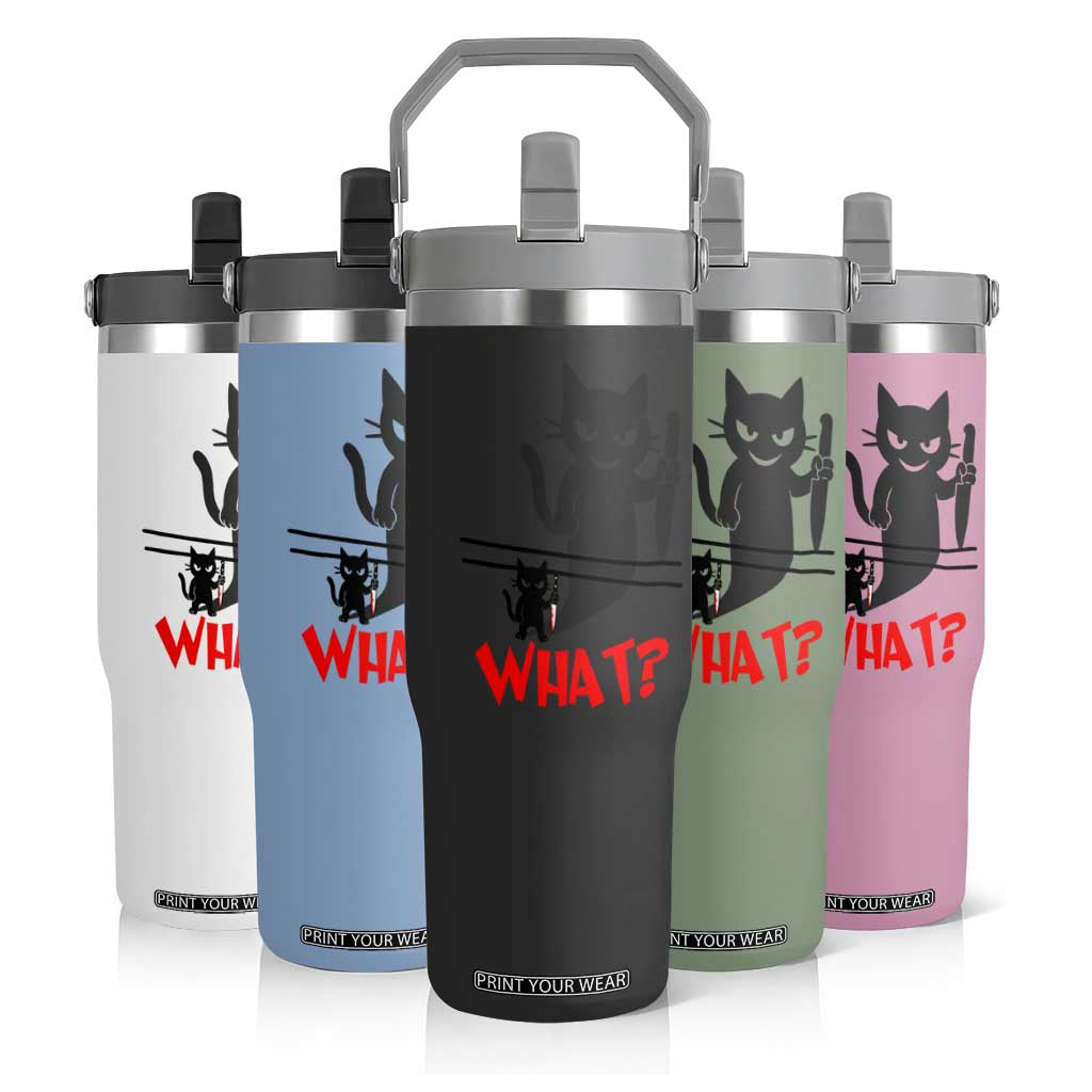 Murder Cat What Flip Straw Tumbler Funny Black Kitty Holding Knife Meme TS14 Print Your Wear