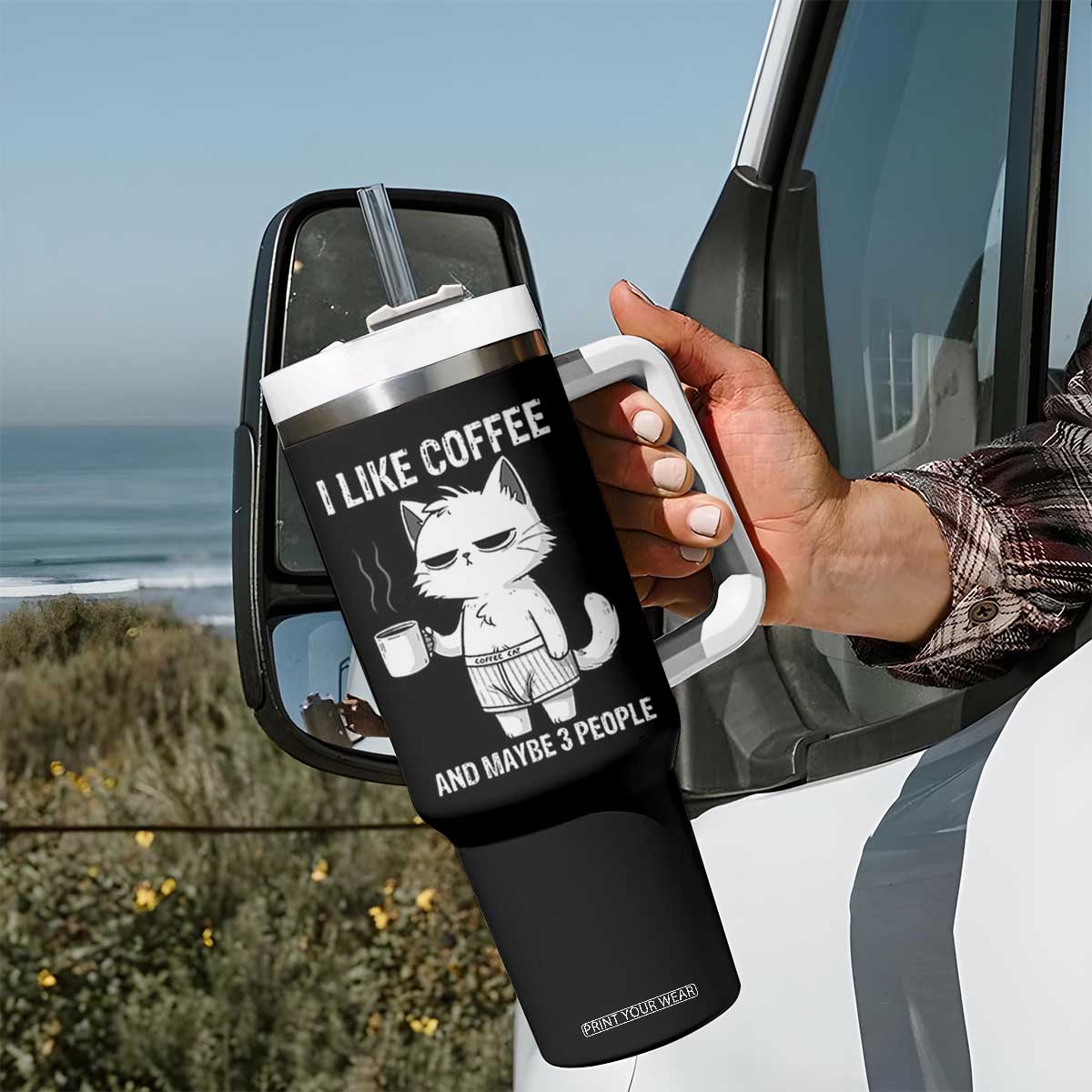 I Like Coffee And Maybe Three People Tumbler With Handle Funny Cat Coffee Lover TS14 Print Your Wear