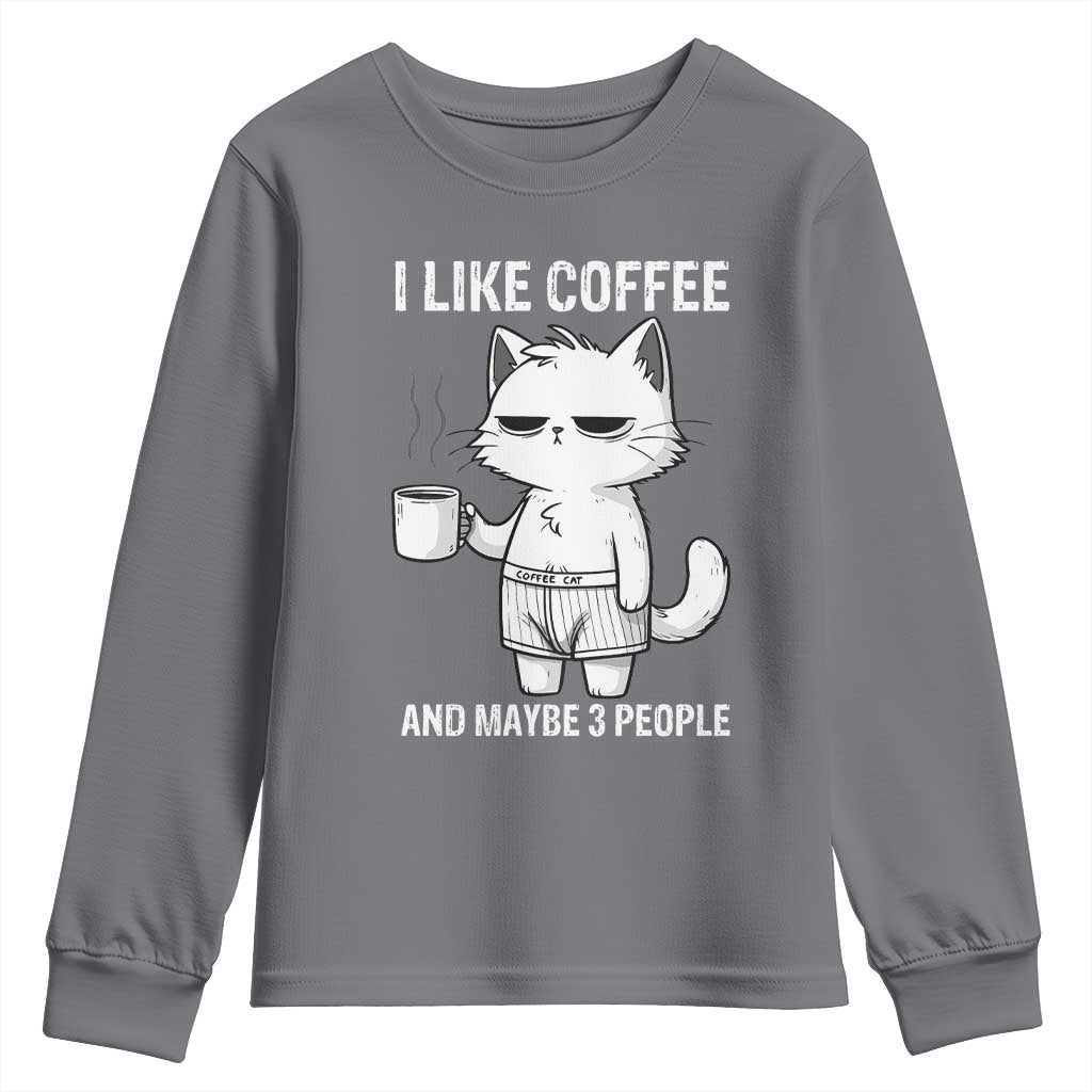 I Like Coffee And Maybe Three People Youth Sweatshirt Funny Cat Coffee Lover TS14 Charcoal Print Your Wear