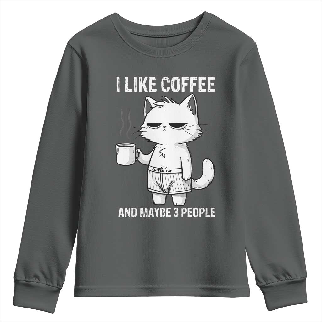 I Like Coffee And Maybe Three People Youth Sweatshirt Funny Cat Coffee Lover TS14 Dark Heather Print Your Wear