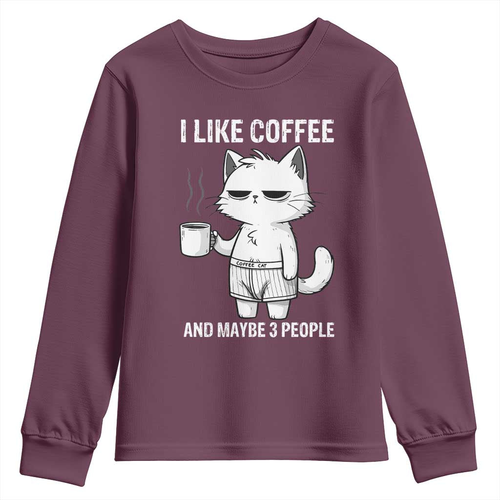 I Like Coffee And Maybe Three People Youth Sweatshirt Funny Cat Coffee Lover TS14 Maroon Print Your Wear