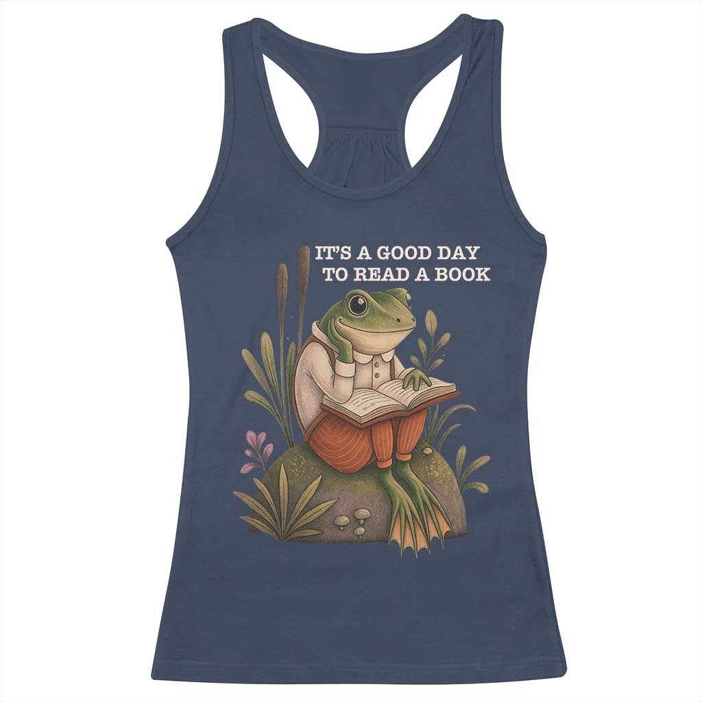 Cute Frog Reading Racerback Tank Top It Is A Good Day To Read A Book TS14 Navy Print Your Wear