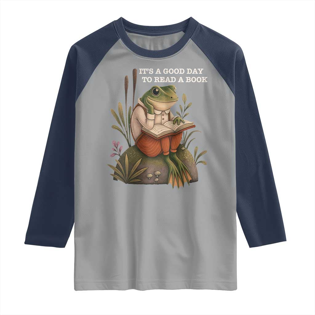 Cute Frog Reading Raglan Shirt It Is A Good Day To Read A Book TS14 Sport Gray Navy Print Your Wear