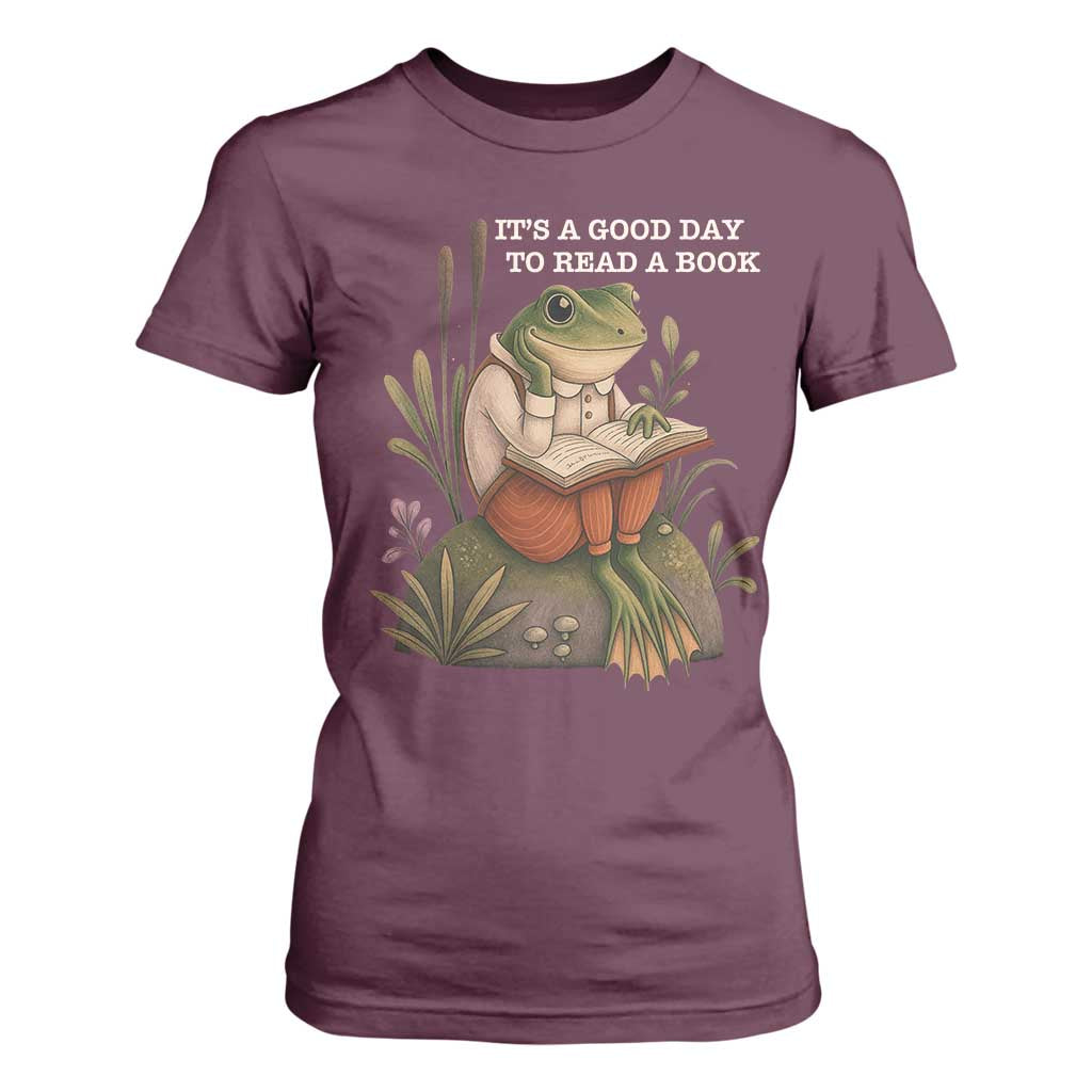 Cute Frog Reading T Shirt For Women It Is A Good Day To Read A Book TS14 Maroon Print Your Wear