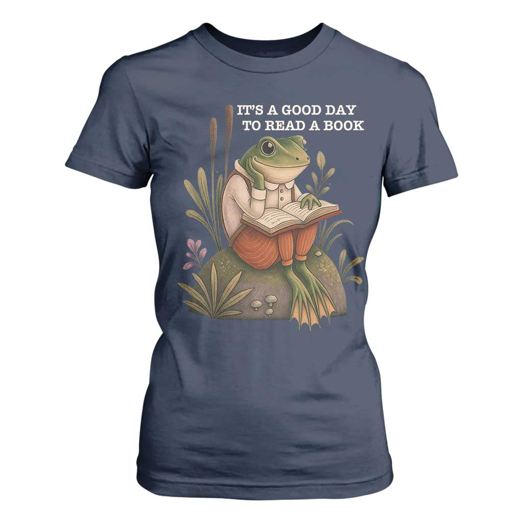Cute Frog Reading T Shirt For Women It Is A Good Day To Read A Book TS14 Navy Print Your Wear