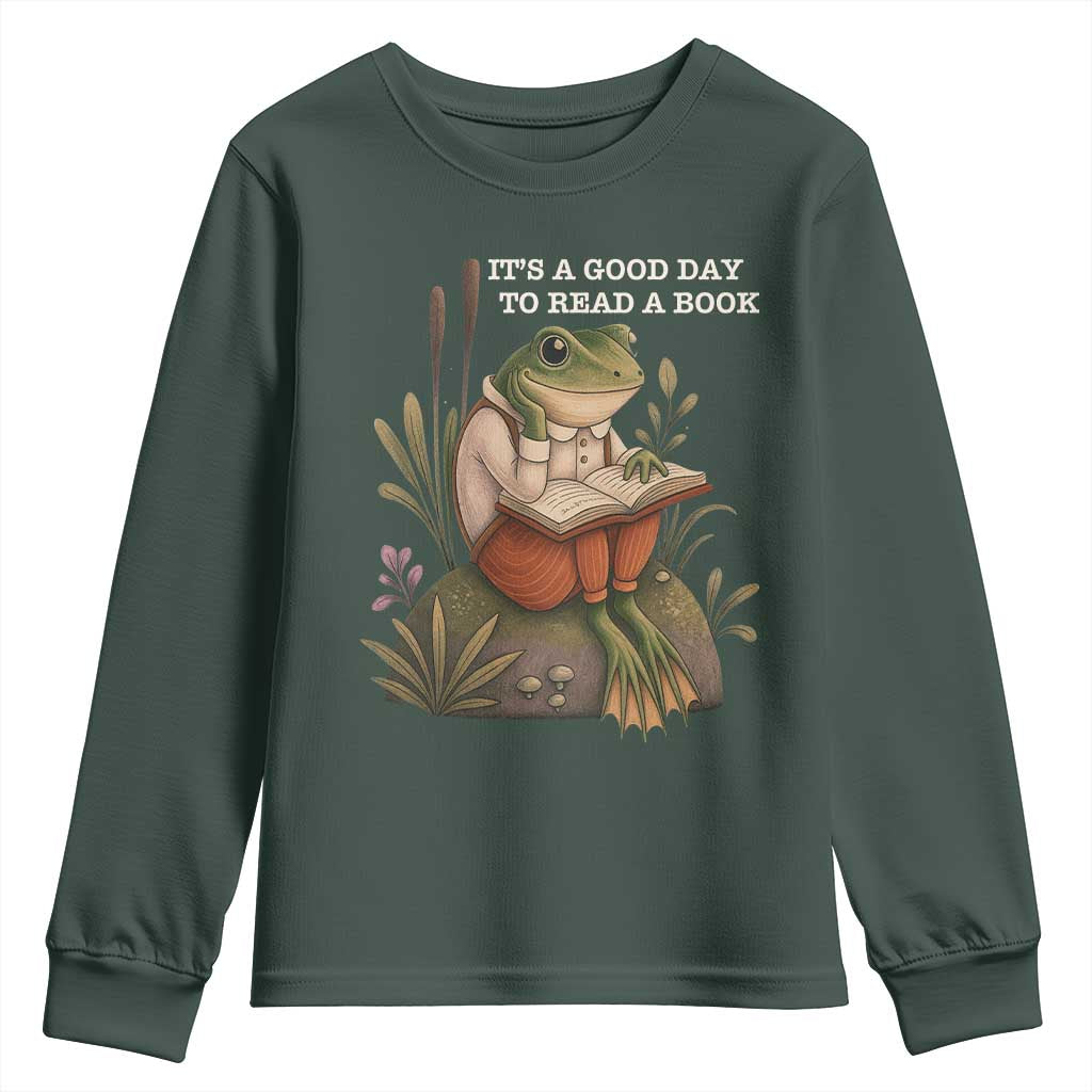 Cute Frog Reading Youth Sweatshirt It Is A Good Day To Read A Book TS14 Dark Forest Green Print Your Wear