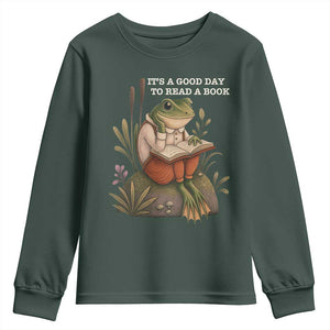 Cute Frog Reading Youth Sweatshirt It Is A Good Day To Read A Book TS14 Dark Forest Green Print Your Wear