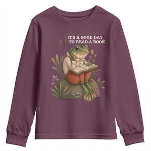 Cute Frog Reading Youth Sweatshirt It Is A Good Day To Read A Book TS14 Maroon Print Your Wear