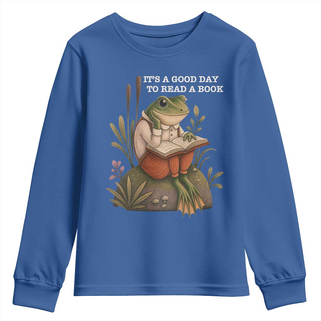 Cute Frog Reading Youth Sweatshirt It Is A Good Day To Read A Book TS14 Royal Blue Print Your Wear