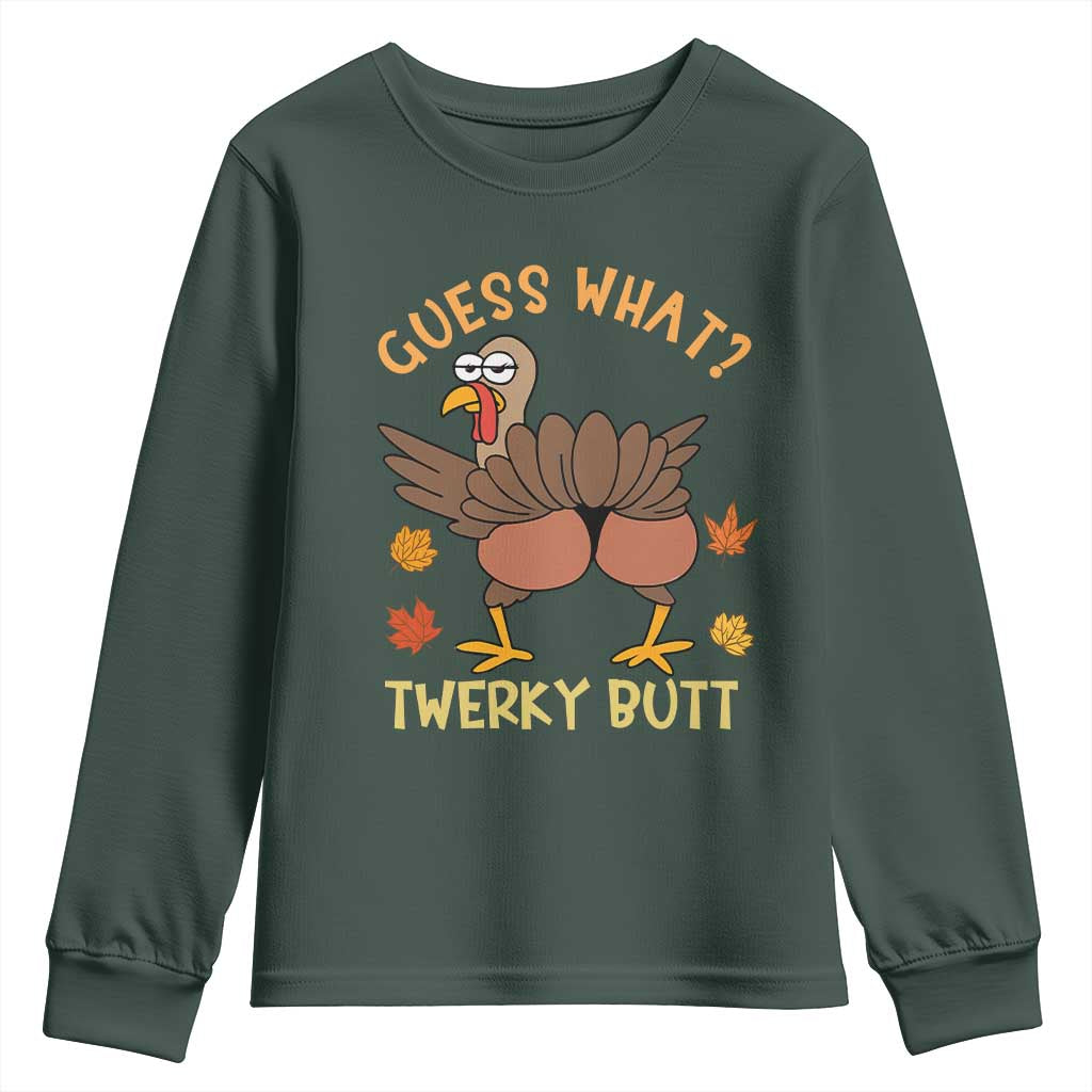 Funny Turkey Thanksgiving Youth Sweatshirt Guess What Twerky Butt TS14 Dark Forest Green Print Your Wear