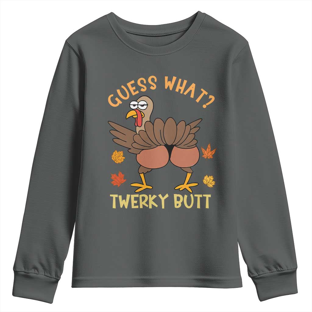 Funny Turkey Thanksgiving Youth Sweatshirt Guess What Twerky Butt TS14 Dark Heather Print Your Wear