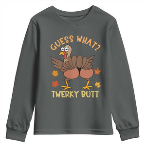 Funny Turkey Thanksgiving Youth Sweatshirt Guess What Twerky Butt TS14 Dark Heather Print Your Wear