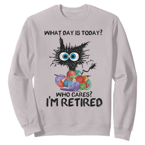 Funny Retired Cat Crochet Sweatshirt What Day Is Today Who Cares I Am Retired TS14 Ice Gray Print Your Wear
