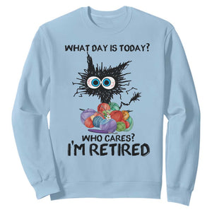 Funny Retired Cat Crochet Sweatshirt What Day Is Today Who Cares I Am Retired TS14 Light Blue Print Your Wear