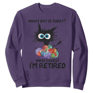 Funny Retired Cat Crochet Sweatshirt What Day Is Today Who Cares I Am Retired TS14 Purple Print Your Wear
