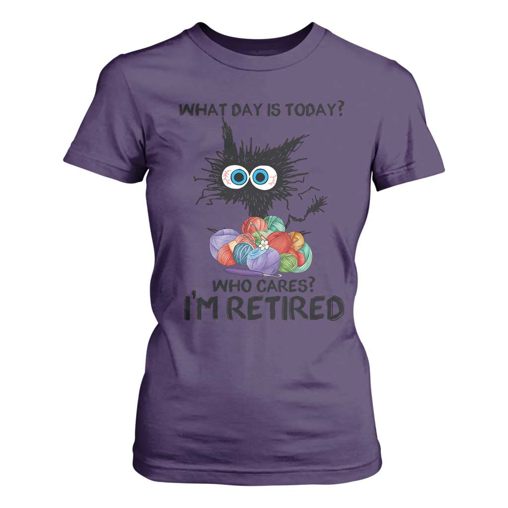 Funny Retired Cat Crochet T Shirt For Women What Day Is Today Who Cares I Am Retired TS14 Purple Print Your Wear