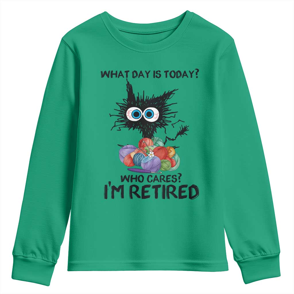 Funny Retired Cat Crochet Youth Sweatshirt What Day Is Today Who Cares I Am Retired TS14 Irish Green Print Your Wear
