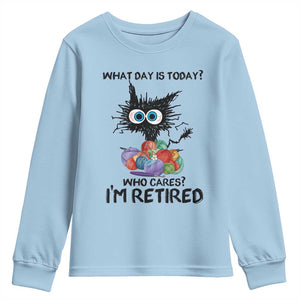 Funny Retired Cat Crochet Youth Sweatshirt What Day Is Today Who Cares I Am Retired TS14 Light Blue Print Your Wear