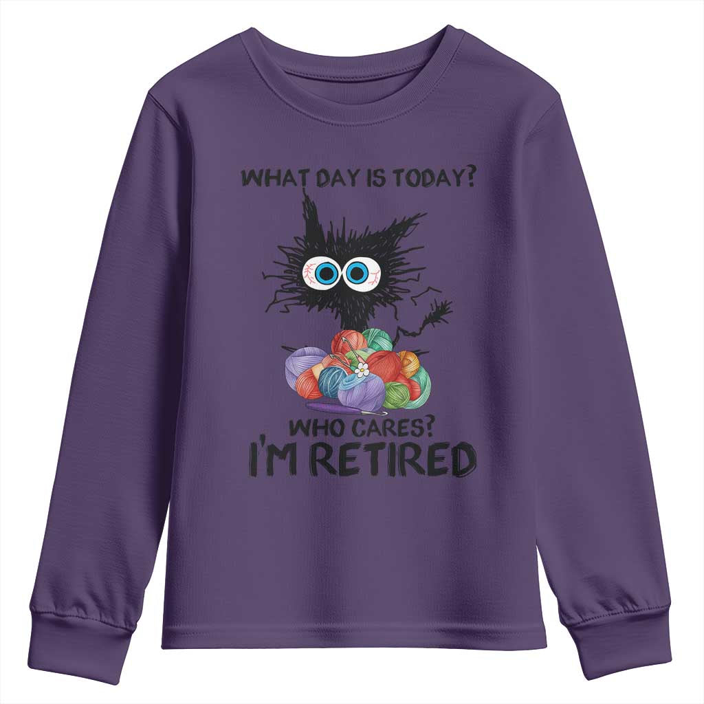 Funny Retired Cat Crochet Youth Sweatshirt What Day Is Today Who Cares I Am Retired TS14 Purple Print Your Wear