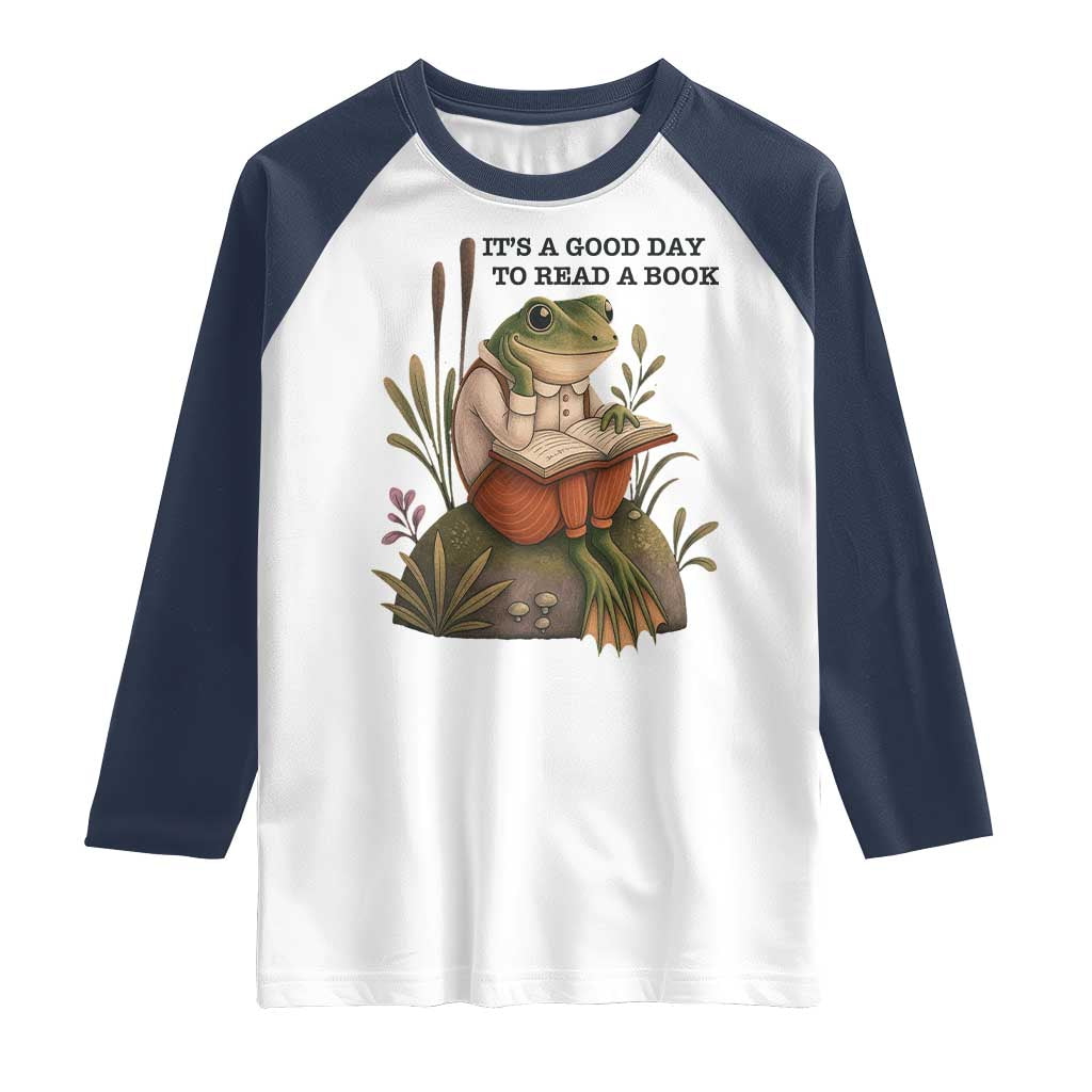 Frog Classic Books Raglan Shirt It Is A Good Day To Read A Book TS14 White Navy Print Your Wear