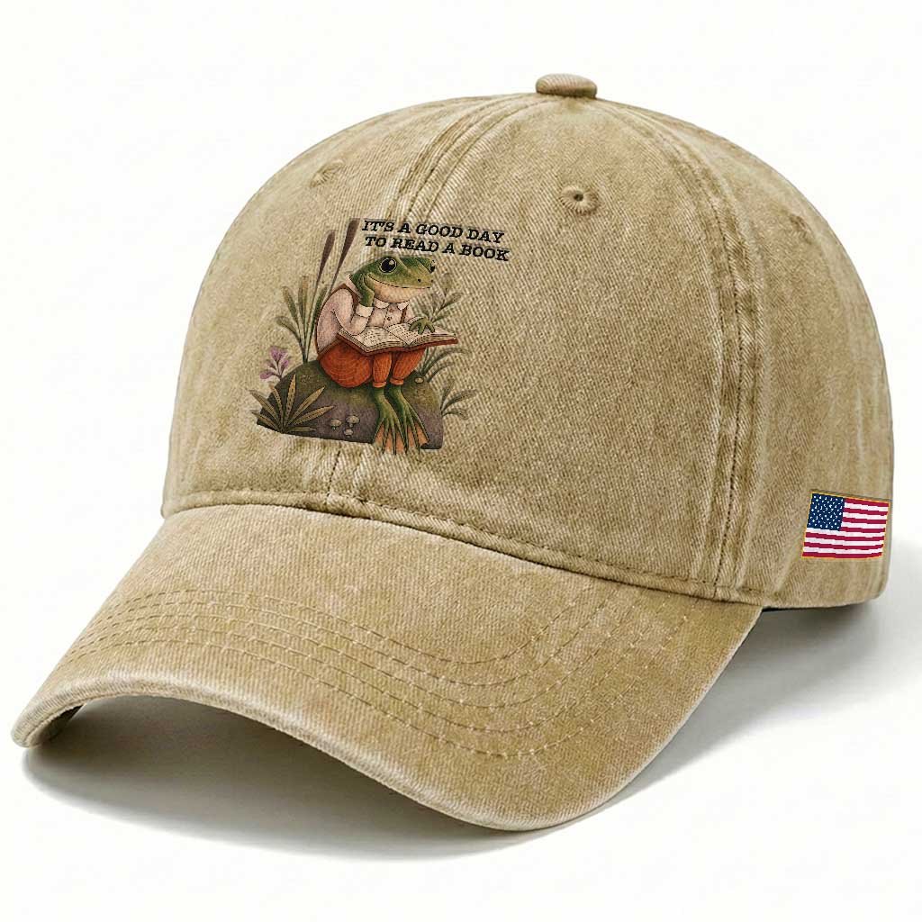 Frog Classic Books Washed Cotton Baseball Cap It Is A Good Day To Read A Book TS14 Print Your Wear