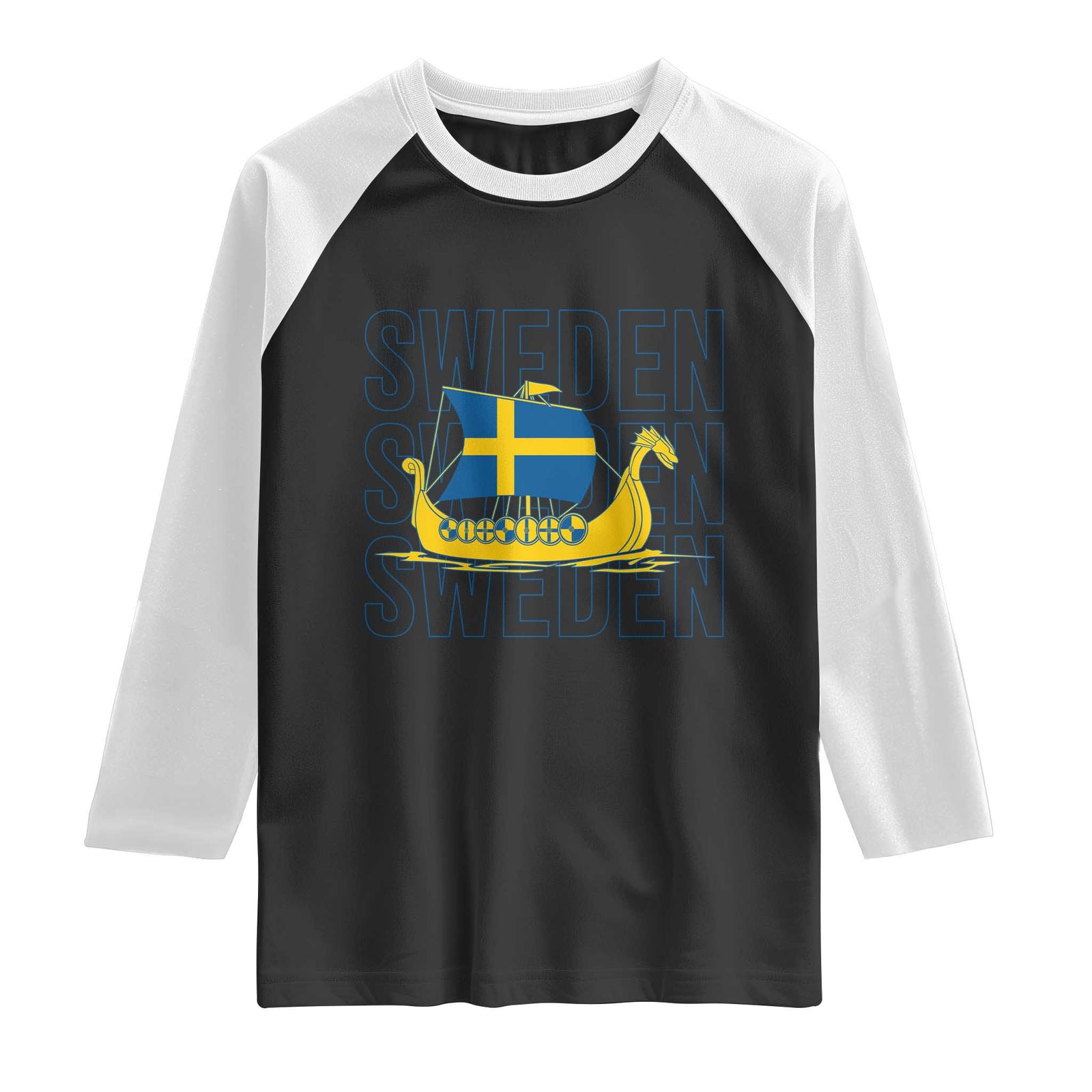 Swedish Viking Ship Sverige Sweden Flag Boat Viking Raglan Shirt TS14 Black White Print Your Wear