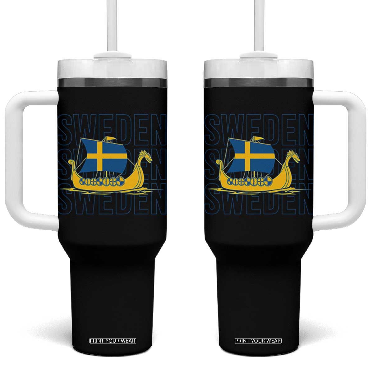 Swedish Viking Ship Sverige Sweden Flag Boat Viking Tumbler With Handle TS14 One Size: 40 oz Black Print Your Wear