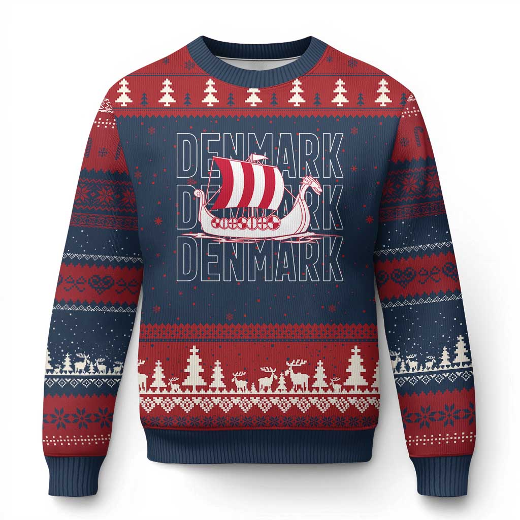 Denmark Flag Viking Ship Danes Danish Roots Dansk Denmark Ugly Christmas Sweater TS14 Navy Red Print Your Wear