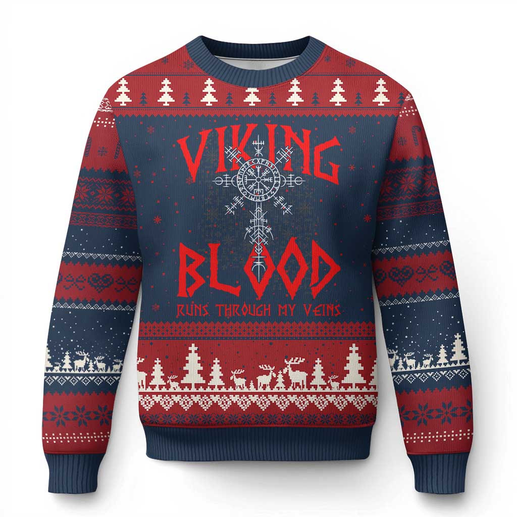 Viking Blood Runs Through My Veins Ugly Christmas Sweater Compass Vegvisir Nordic Rune Celtic TS14 Navy Red Print Your Wear