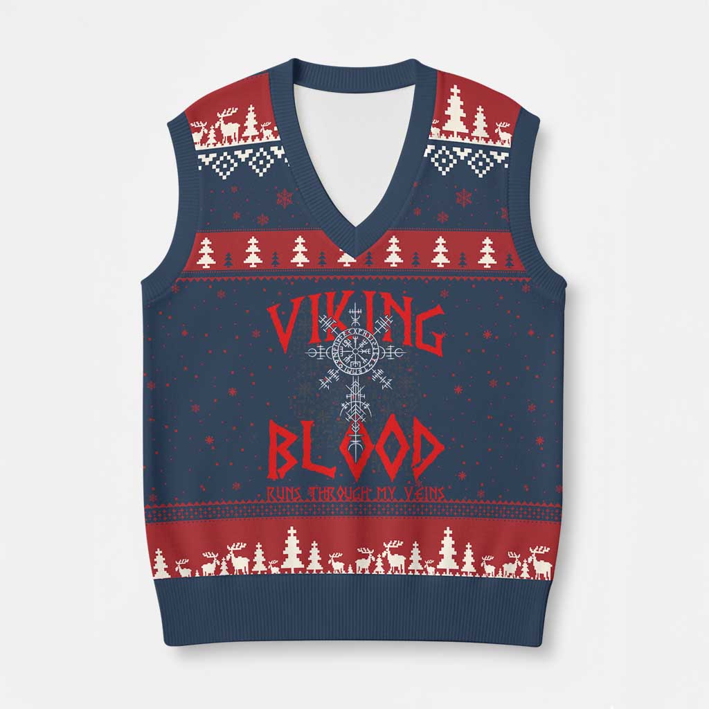 Viking Blood Runs Through My Veins V-Neck Knit Sweater Vest Compass Vegvisir Nordic Rune Celtic