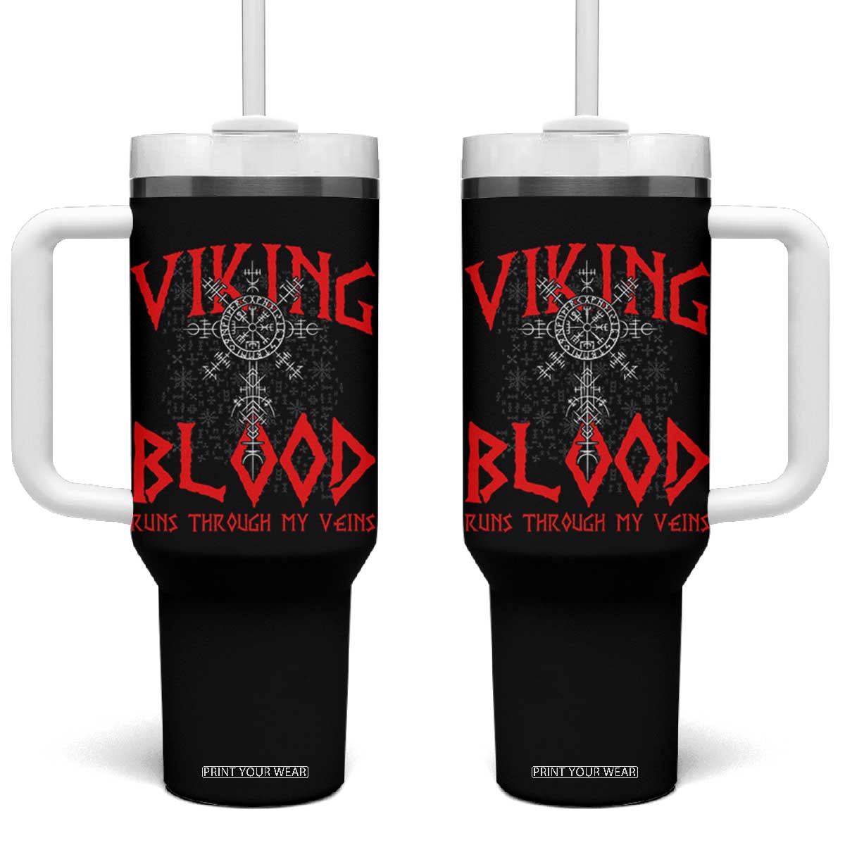 Viking Blood Runs Through My Veins Tumbler With Handle Compass Vegvisir Nordic Rune Celtic