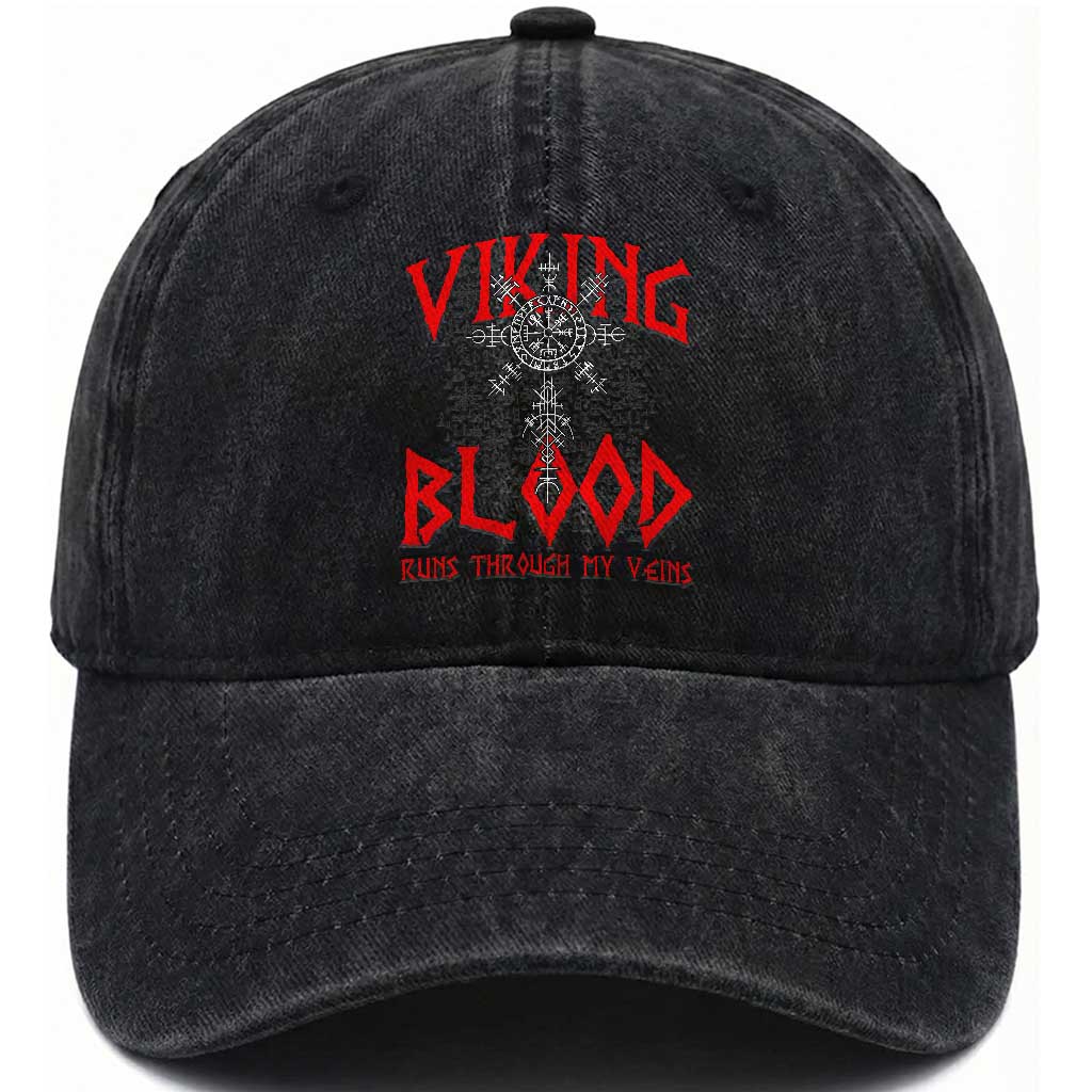 Viking Blood Runs Through My Veins Washed Cotton Baseball Cap Compass Vegvisir Nordic Rune Celtic TS14 Print Your Wear