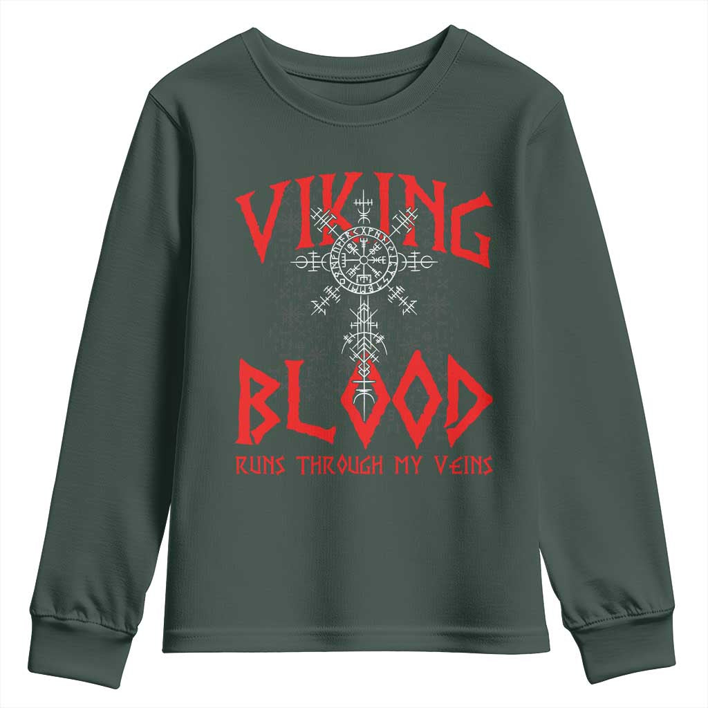 Viking Blood Runs Through My Veins Youth Sweatshirt Compass Vegvisir Nordic Rune Celtic