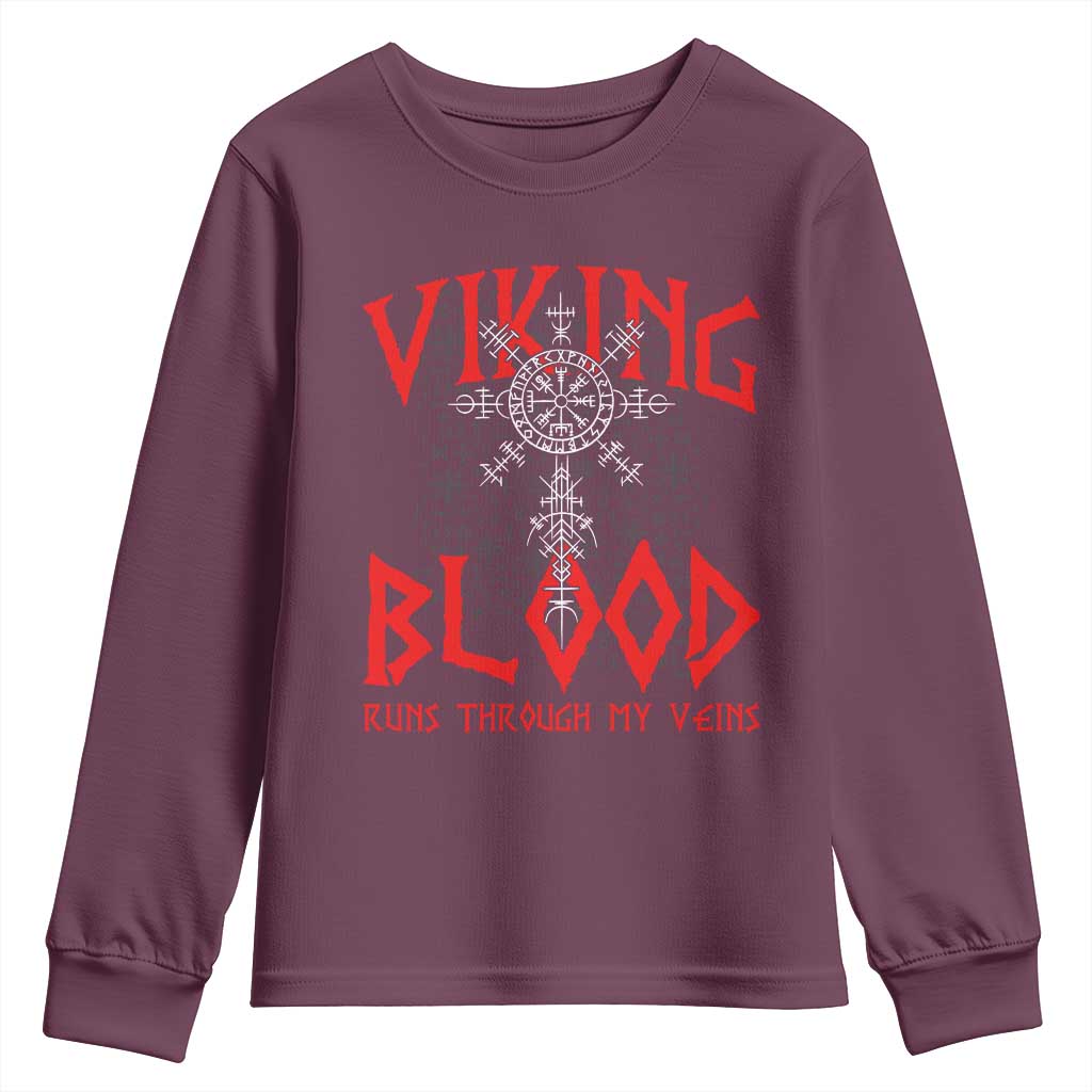 Viking Blood Runs Through My Veins Youth Sweatshirt Compass Vegvisir Nordic Rune Celtic