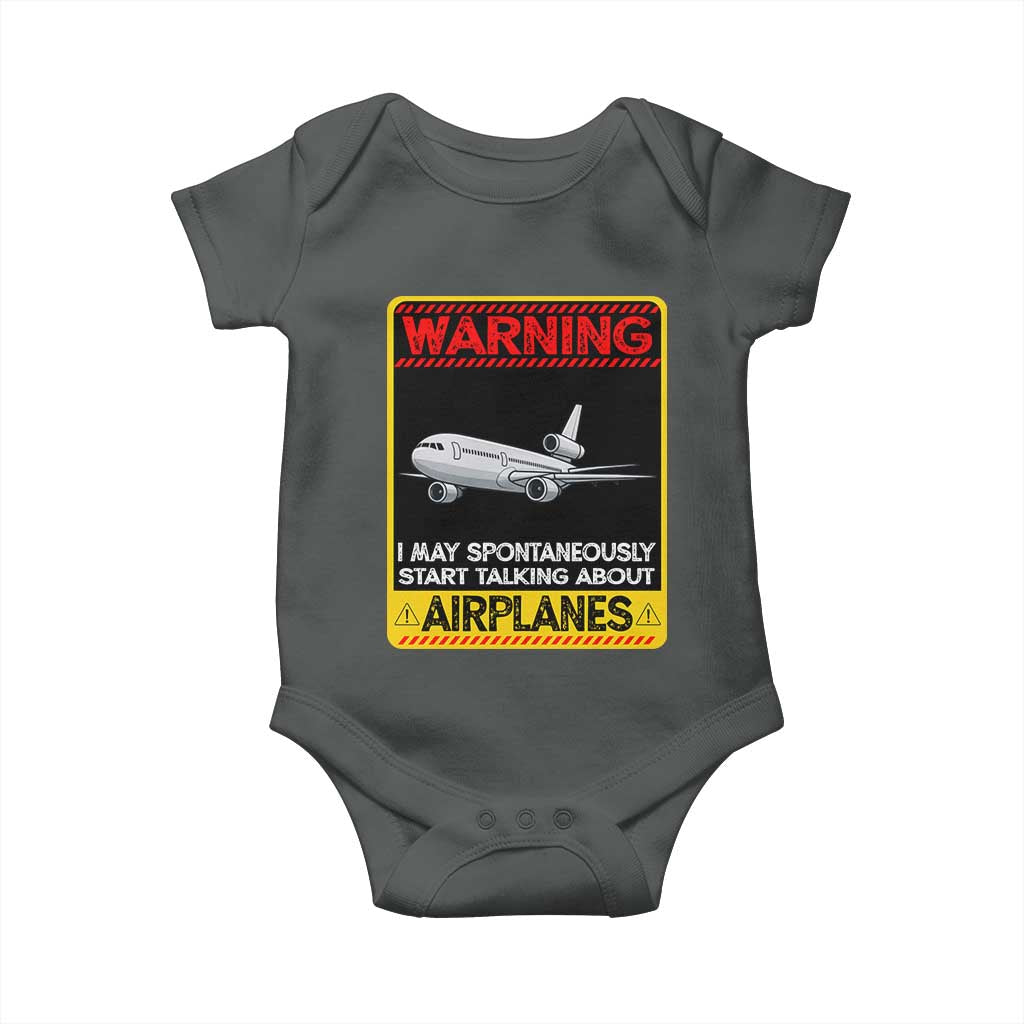 Funny Pilot Baby Onesie Warning May Spontaneously Talk About Airplanes TS14 Dark Heather Print Your Wear