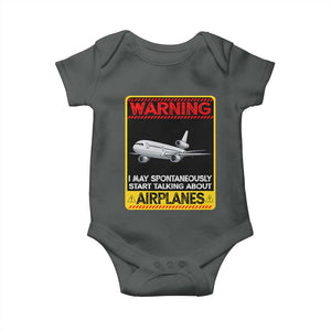 Funny Pilot Baby Onesie Warning May Spontaneously Talk About Airplanes TS14 Dark Heather Print Your Wear