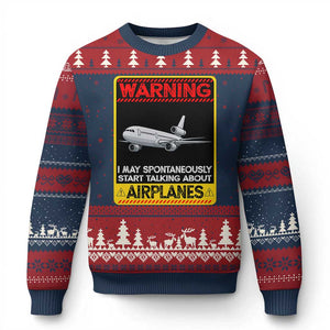 Funny Pilot Ugly Christmas Sweater Warning May Spontaneously Talk About Airplanes TS14 Navy Red Print Your Wear