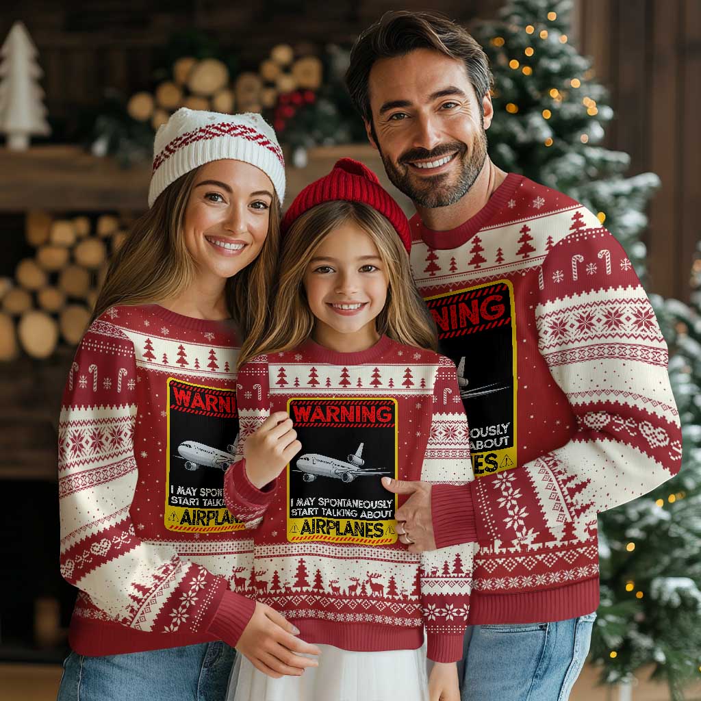 Funny Pilot Ugly Christmas Sweater Warning May Spontaneously Talk About Airplanes TS14 Red Beige Print Your Wear