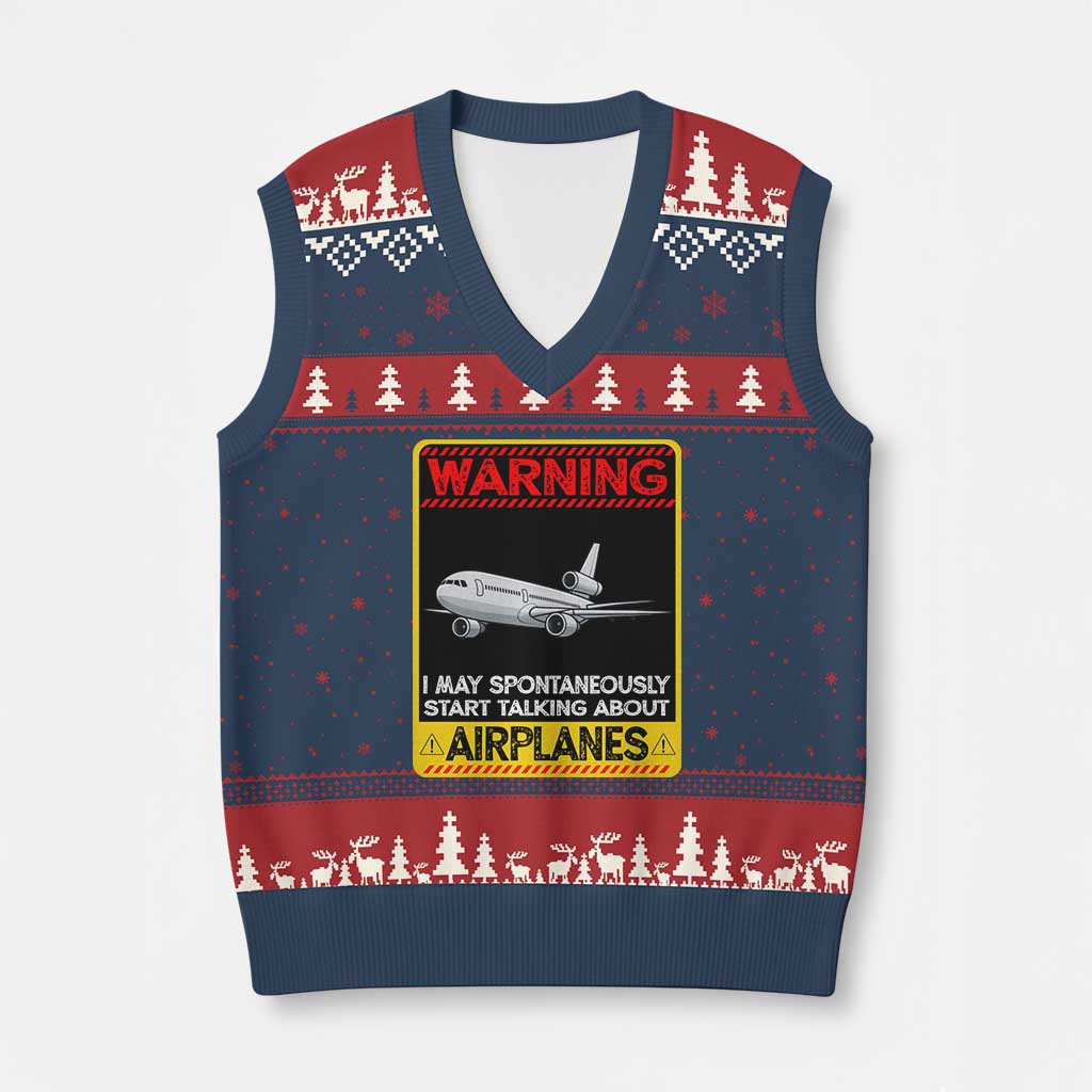 Funny Pilot V-Neck Knit Sweater Vest Warning May Spontaneously Talk About Airplanes TS14 Navy Red Print Your Wear