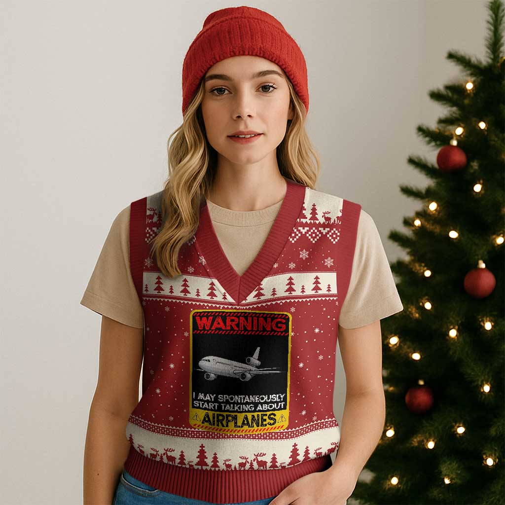 Funny Pilot V-Neck Knit Sweater Vest Warning May Spontaneously Talk About Airplanes TS14 Red Beige Print Your Wear