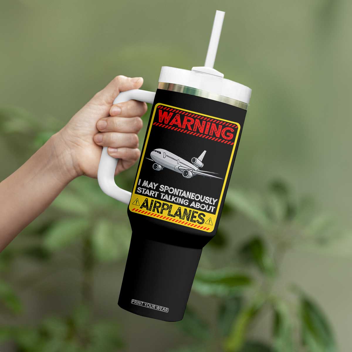 Funny Pilot Tumbler With Handle Warning May Spontaneously Talk About Airplanes TS14 Print Your Wear
