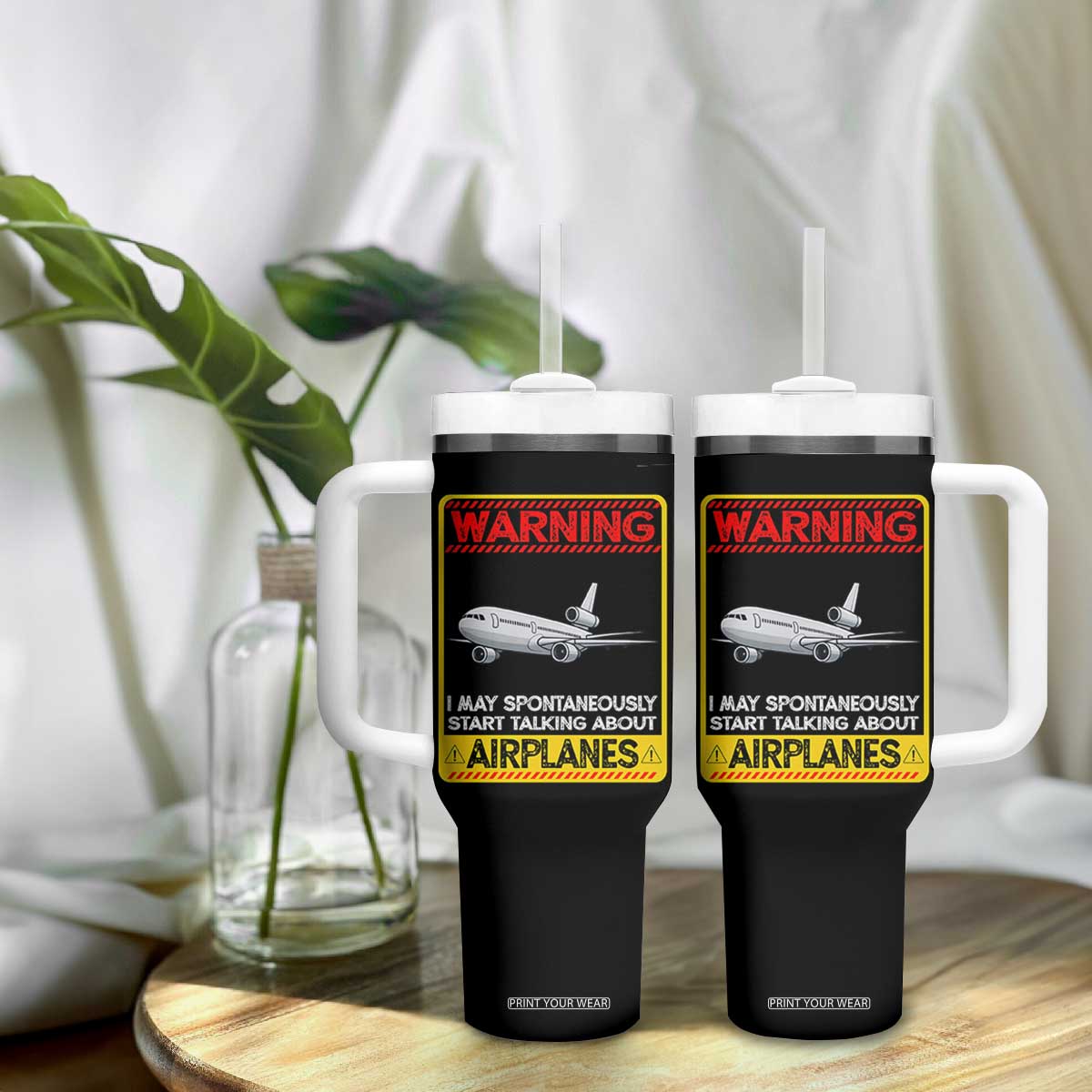 Funny Pilot Tumbler With Handle Warning May Spontaneously Talk About Airplanes TS14 Print Your Wear