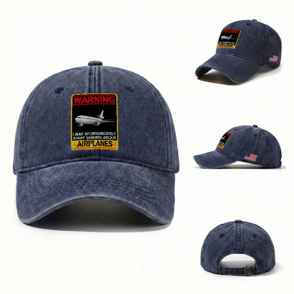 Funny Pilot Washed Cotton Baseball Cap Warning May Spontaneously Talk About Airplanes TS14 Washed Cap Universal Fit Navy Print Your Wear