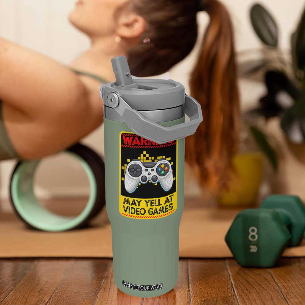 Funny Video Gamer Flip Straw Tumbler Warning May Yell At Video Games TS14 One Size: 30 oz Moss Green Print Your Wear