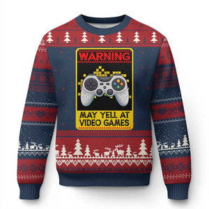 Funny Video Gamer Ugly Christmas Sweater Warning May Yell At Video Games TS14 Navy Red Print Your Wear